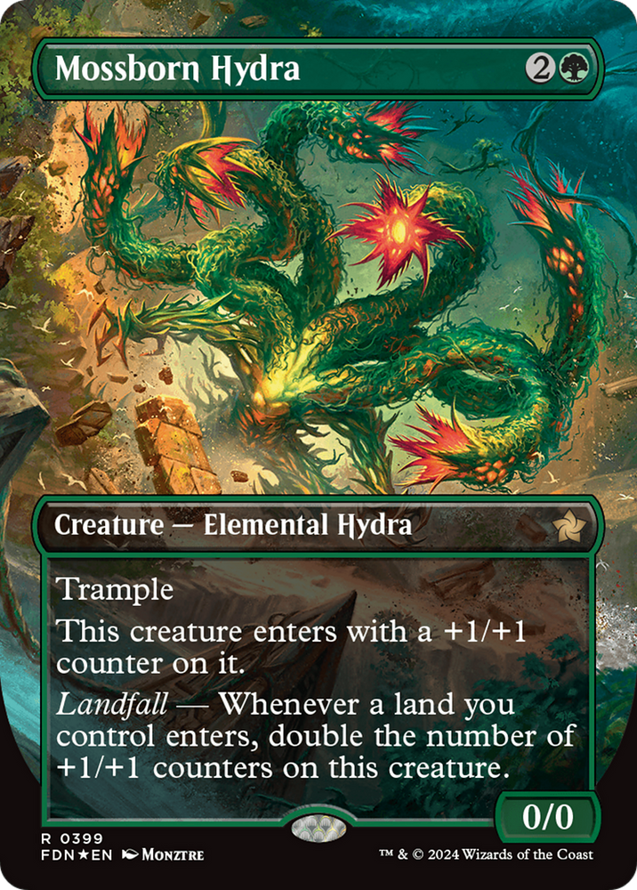 Mossborn Hydra (Borderless) (Mana Foil) [Foundations] Magic: The Gathering