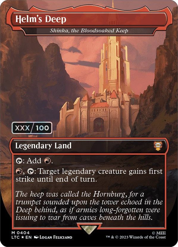 Helm's Deep - Shinka, the Bloodsoaked Keep (Borderless) (Serialized) [The Lord of the Rings: Tales of Middle-Earth Commander] Magic: The Gathering