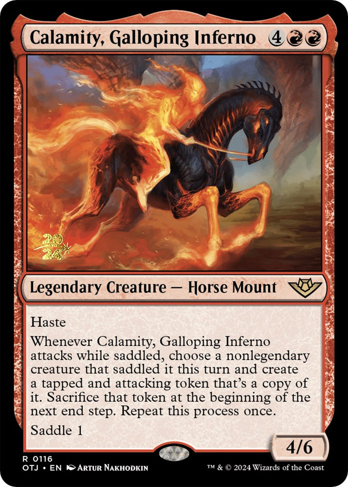 Calamity, Galloping Inferno [Outlaws of Thunder Junction Prerelease Promos] Magic: The Gathering
