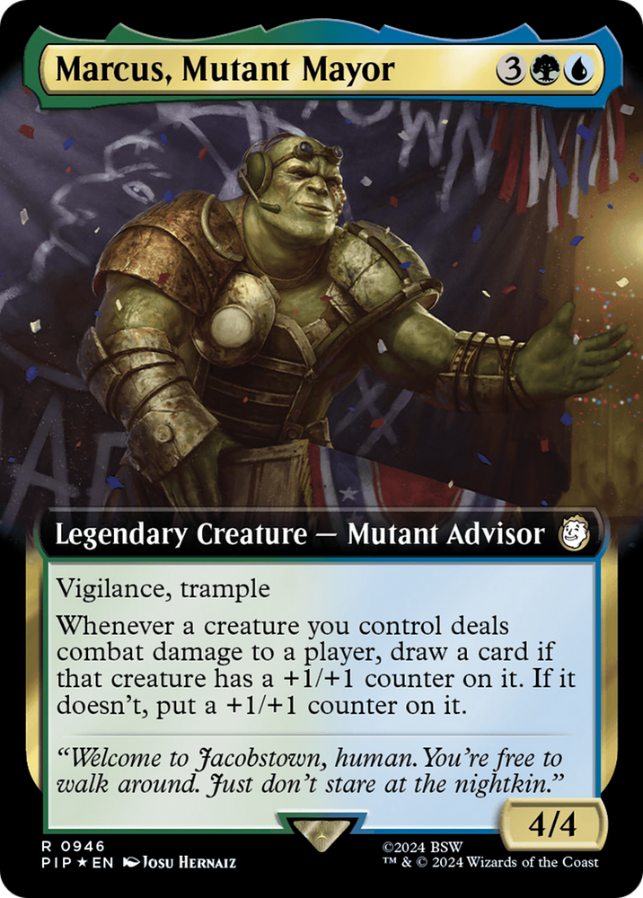 Marcus, Mutant Mayor (Extended Art) (Surge Foil) [Fallout] Magic: The Gathering