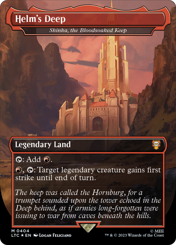 Helm's Deep - Shinka, the Bloodsoaked Keep (Borderless) (Surge Foil Realms and Relics) [The Lord of the Rings: Tales of Middle-Earth Commander] Magic: The Gathering